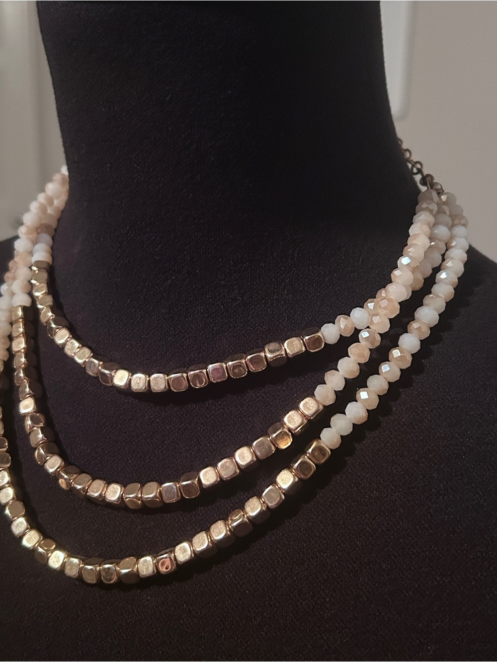 Layered Gold Cube & Faceted Bead Necklace | Neutral Statement Boho
